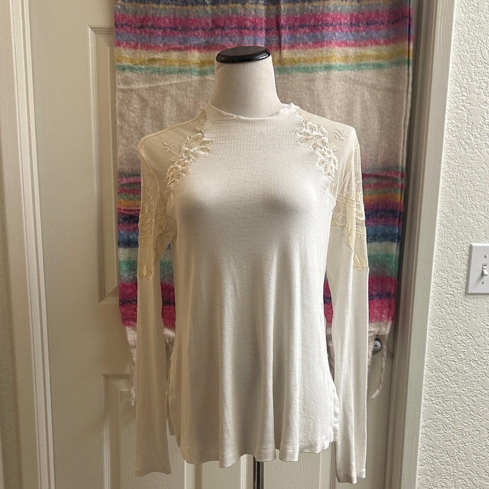 Free People Cream Lace Long Sleeve Top